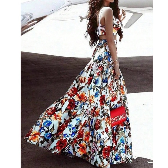 Boho Floral Print Cami Cropped top Maxi Skirt Set - Picture 8 of 13